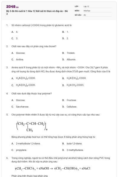 Bộ 3 đề thi cuối kì 1 Hóa 12 Kết nối tri thức có đáp án - Đề 3