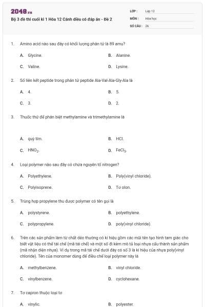 Bộ 3 đề thi cuối kì 1 Hóa 12 Cánh diều có đáp án - Đề 2