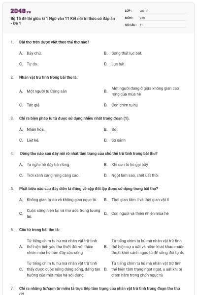 Bộ 15 đề thi giữa kì 1 Ngữ văn 11 Kết nối tri thức có đáp án - Đề 1