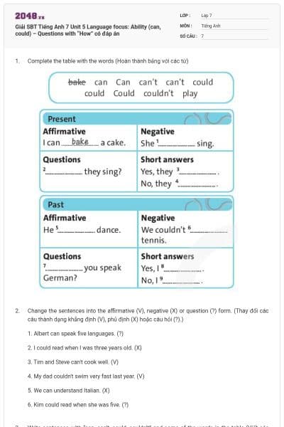 Giải SBT Tiếng Anh 7 Unit 5 Language focus: Ability (can, could) – Questions with “How” có đáp án