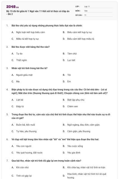 Bộ 15 đề thi giữa kì 1 Ngữ văn 11 Kết nối tri thức có đáp án - Đề 2