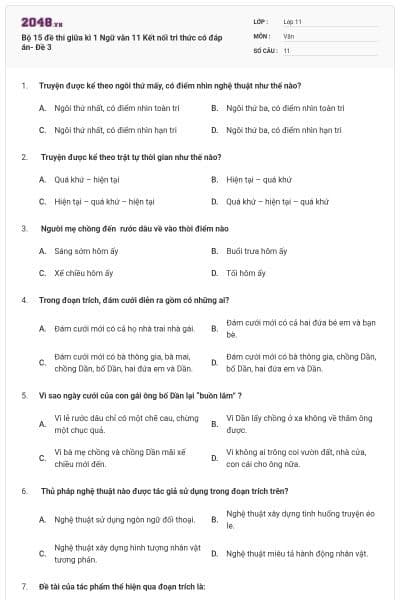 Bộ 15 đề thi giữa kì 1 Ngữ văn 11 Kết nối tri thức có đáp án- Đề 3