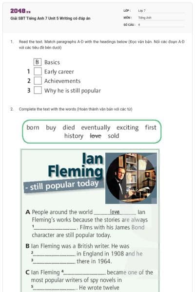 Giải SBT Tiếng Anh 7 Unit 5 Writing có đáp án