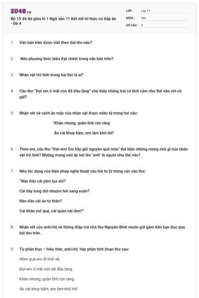 Bộ 15 đề thi giữa kì 1 Ngữ văn 11 Kết nối tri thức có đáp án - Đề 4