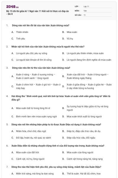 Bộ 15 đề thi giữa kì 1 Ngữ văn 11 Kết nối tri thức có đáp án - Đề 8