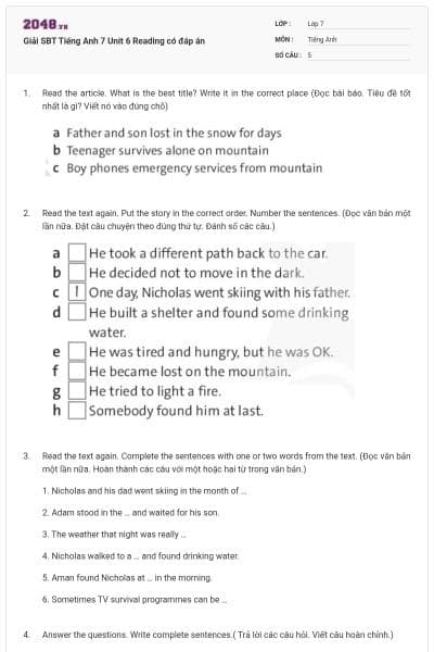 Giải SBT Tiếng Anh 7 Unit 6 Reading có đáp án