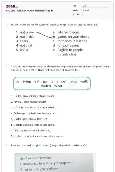 Giải SBT Tiếng Anh 7 Unit 6 Writing có đáp án