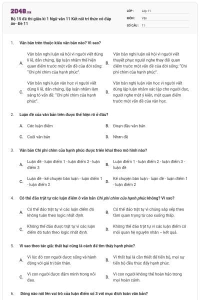 Bộ 15 đề thi giữa kì 1 Ngữ văn 11 Kết nối tri thức có đáp án- Đề 11