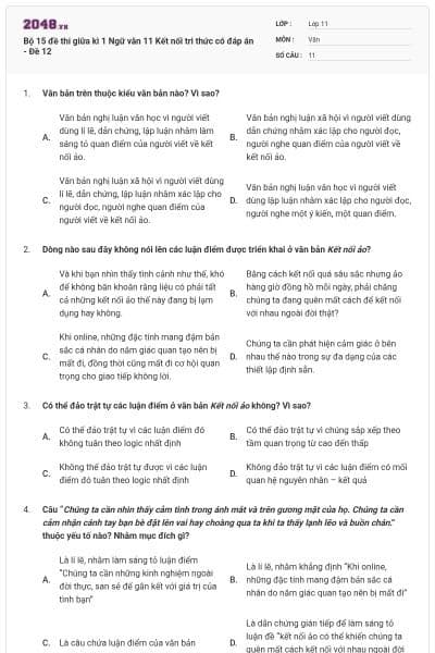 Bộ 15 đề thi giữa kì 1 Ngữ văn 11 Kết nối tri thức có đáp án - Đề 12