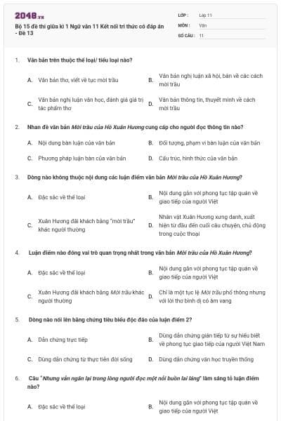 Bộ 15 đề thi giữa kì 1 Ngữ văn 11 Kết nối tri thức có đáp án - Đề 13
