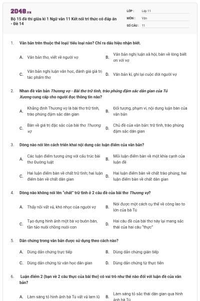 Bộ 15 đề thi giữa kì 1 Ngữ văn 11 Kết nối tri thức có đáp án - Đề 14