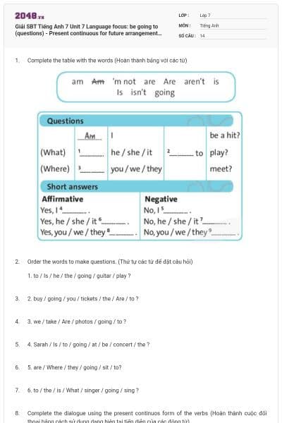 Giải SBT Tiếng Anh 7 Unit 7 Language focus: be going to (questions) - Present continuous for future arrangements có đáp án