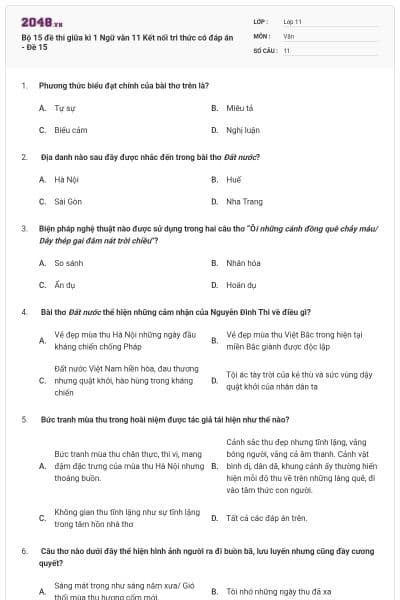Bộ 15 đề thi giữa kì 1 Ngữ văn 11 Kết nối tri thức có đáp án - Đề 15