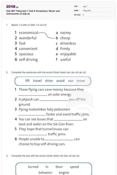 Giải SBT Tiếng Anh 7 Unit 8 Vocabulary: Music and instruments có đáp án