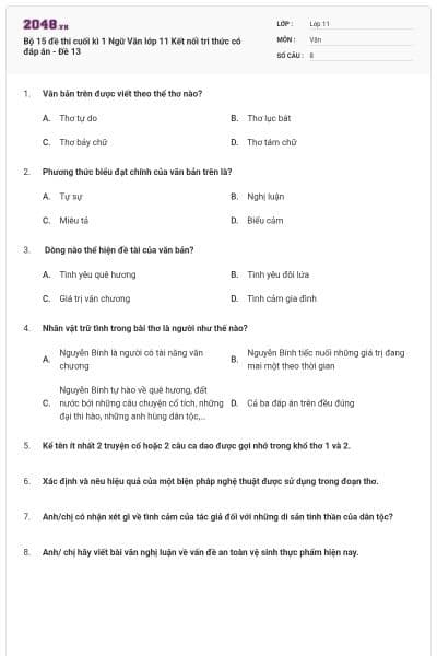 Bộ 15 đề thi cuối kì 1 Ngữ Văn lớp 11 Kết nối tri thức có đáp án - Đề 13