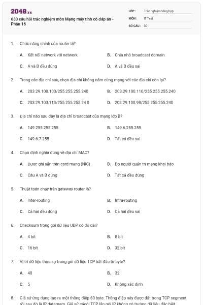 630 câu hỏi trắc nghiệm môn Mạng máy tính có đáp án - Phần 16