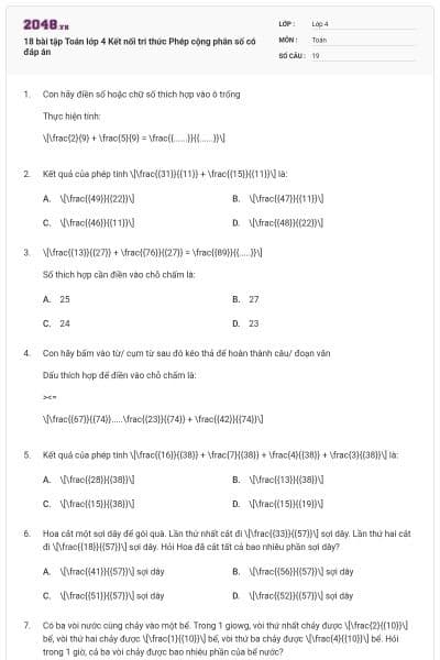 18 bài tập Toán lớp 4 Kết nối tri thức Phép cộng phân số có đáp án
