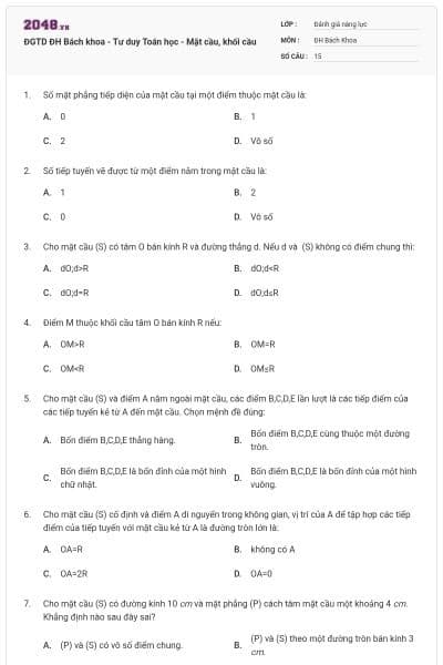 ĐGTD ĐH Bách khoa - Tư duy Toán học - Mặt cầu, khối cầu