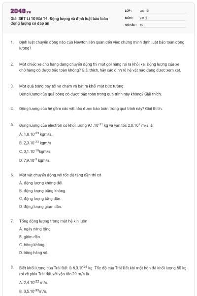 Giải SBT Lí 10 Bài 14: Động lượng và định luật bảo toàn động lượng có đáp án