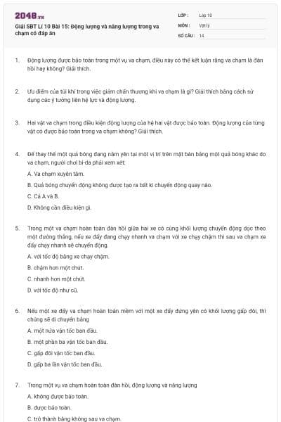 Giải SBT Lí 10 Bài 15: Động lượng và năng lượng trong va chạm có đáp án