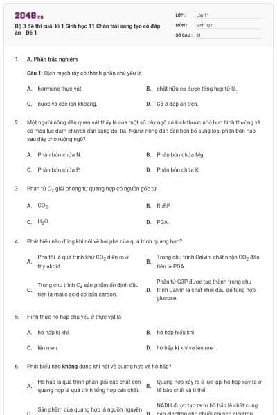 Bộ 3 đề thi cuối kì 1 Sinh học 11 Chân trời sáng tạo có đáp án - Đề 1
