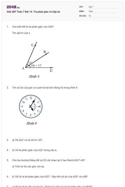 Giải SBT Toán 7 Bài 14. Tia phân giác có đáp án
