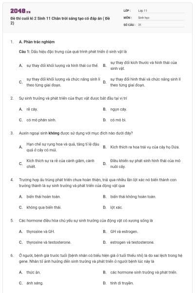 Đề thi cuối kì 2 Sinh 11 Chân trời sáng tạo có đáp án ( Đề 2)