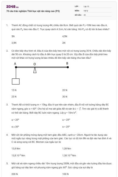 70 câu trắc nghiệm Tĩnh học vật rắn nâng cao (P3)