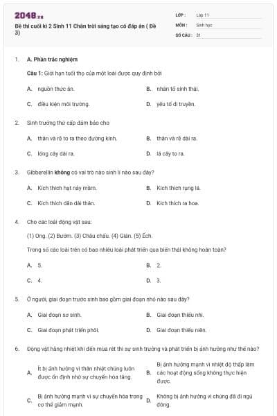 Đề thi cuối kì 2 Sinh 11 Chân trời sáng tạo có đáp án ( Đề 3)