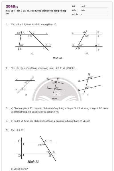Giải SBT Toán 7 Bài 15. Hai đường thẳng song song có đáp án