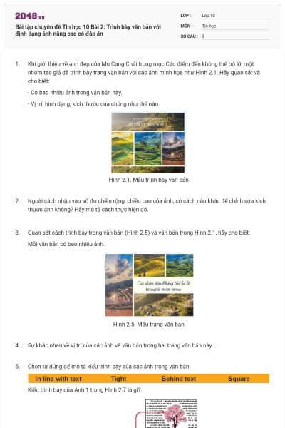 Bài tập chuyên đề Tin học 10 Bài 2: Trình bày văn bản với định dạng ảnh nâng cao có đáp án