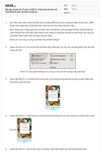 Bài tập chuyên đề Tin học 10 Bài 3: Trình bày văn bản với hình khối và hộp văn bản có đáp án