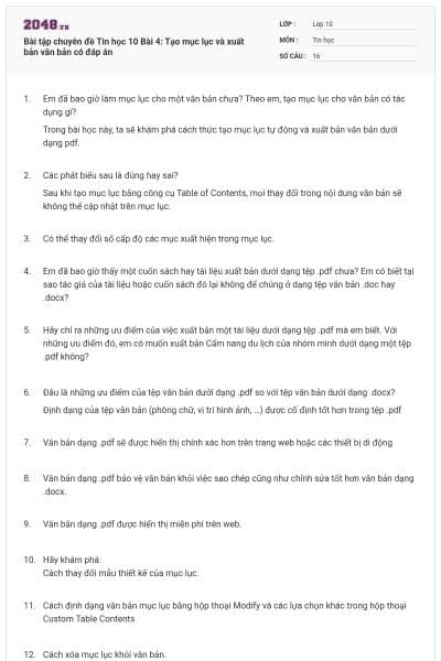 Bài tập chuyên đề Tin học 10 Bài 4: Tạo mục lục và xuất bản văn bản có đáp án