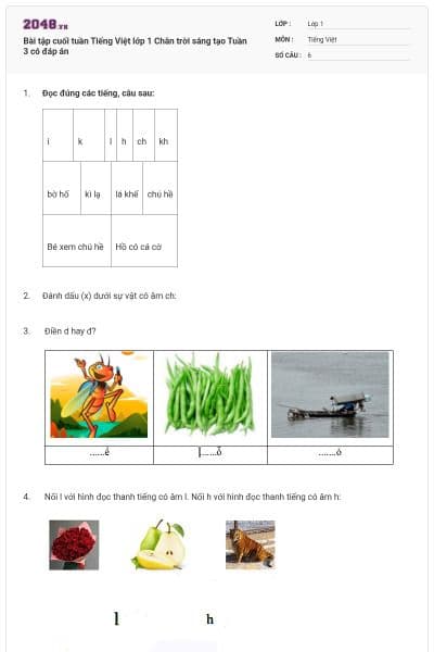 Bài tập cuối tuần Tiếng Việt lớp 1 Chân trời sáng tạo Tuần 3 có đáp án