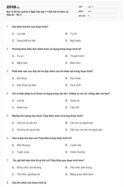 Bộ 10 đề thi cuối kì 2 Ngữ Văn lớp 11 Kết nối tri thức có đáp án - Đề 4