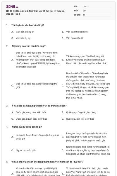 Bộ 10 đề thi cuối kì 2 Ngữ Văn lớp 11 Kết nối tri thức có đáp án - Đề 5