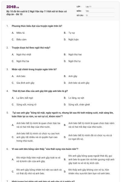 Bộ 10 đề thi cuối kì 2 Ngữ Văn lớp 11 Kết nối tri thức có đáp án - Đề 10
