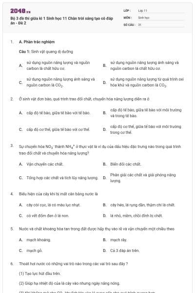 Bộ 3 đề thi giữa kì 1 Sinh học 11 Chân trời sáng tạo có đáp án - Đề 2