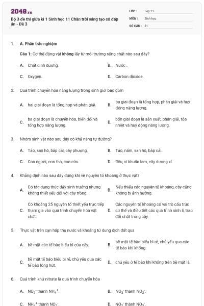 Bộ 3 đề thi giữa kì 1 Sinh học 11 Chân trời sáng tạo có đáp án - Đề 3