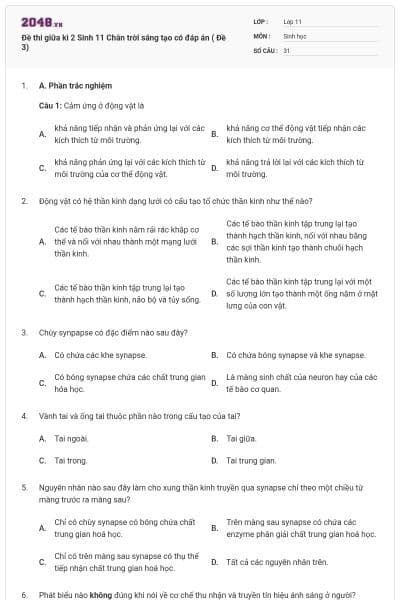 Đề thi giữa kì 2 Sinh 11 Chân trời sáng tạo có đáp án ( Đề 3)