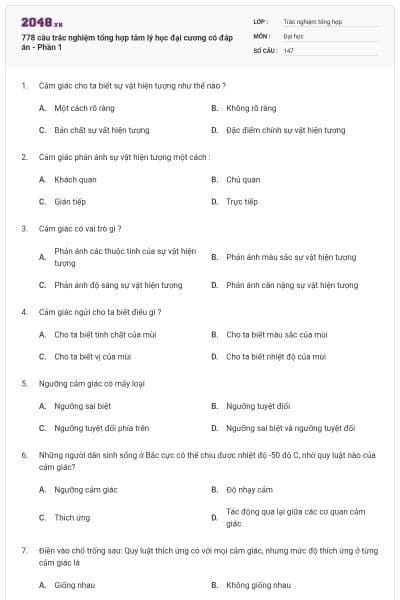 778 câu trắc nghiệm tổng hợp tâm lý học đại cương có đáp án - Phần 1