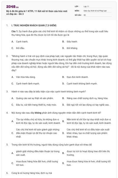 Bộ 6 đề thi giữa kì 1 KTPL 11 Kết nối tri thức cấu trúc mới có đáp án - Đề 3