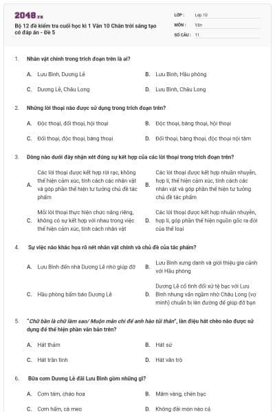 Bộ 12 đề kiểm tra cuối học kì 1 Văn 10 Chân trời sáng tạo có đáp án - Đề 5