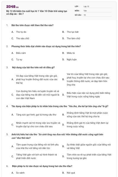 Bộ 12 đề kiểm tra cuối học kì 1 Văn 10 Chân trời sáng tạo có đáp án - Đề 7