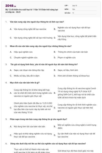 Bộ 12 đề kiểm tra cuối học kì 1 Văn 10 Chân trời sáng tạo có đáp án - Đề 8