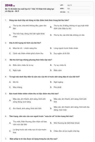 Bộ 12 đề kiểm tra cuối học kì 1 Văn 10 Chân trời sáng tạo có đáp án - Đề 9