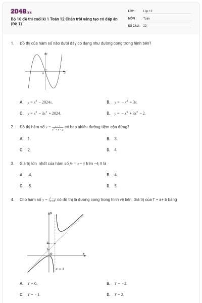 Bộ 10 đề thi cuối kì 1 Toán 12 Chân trời sáng tạo có đáp án (Đề 1)