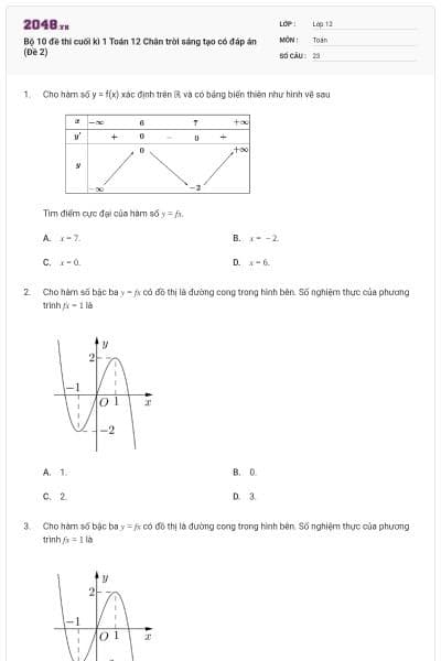 Bộ 10 đề thi cuối kì 1 Toán 12 Chân trời sáng tạo có đáp án (Đề 2)