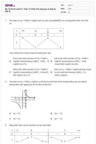 Bộ 10 đề thi cuối kì 1 Toán 12 Chân trời sáng tạo có đáp án (Đề 4)