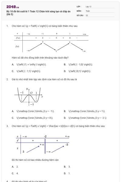 Bộ 10 đề thi cuối kì 1 Toán 12 Chân trời sáng tạo có đáp án (Đề 5)